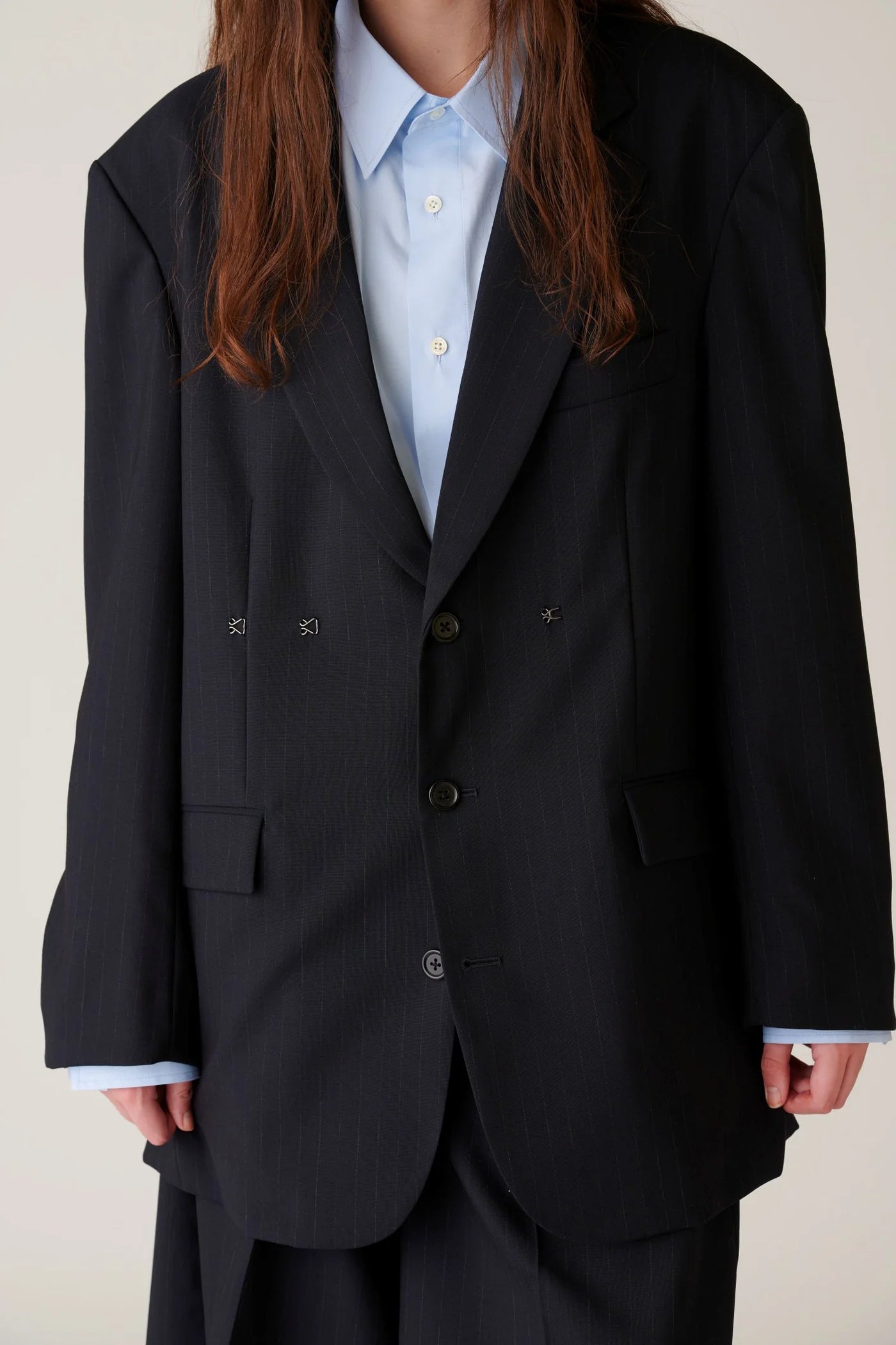 INSCRIRE - Wool 2-way Over Size Jacket - NAVY STRIPE