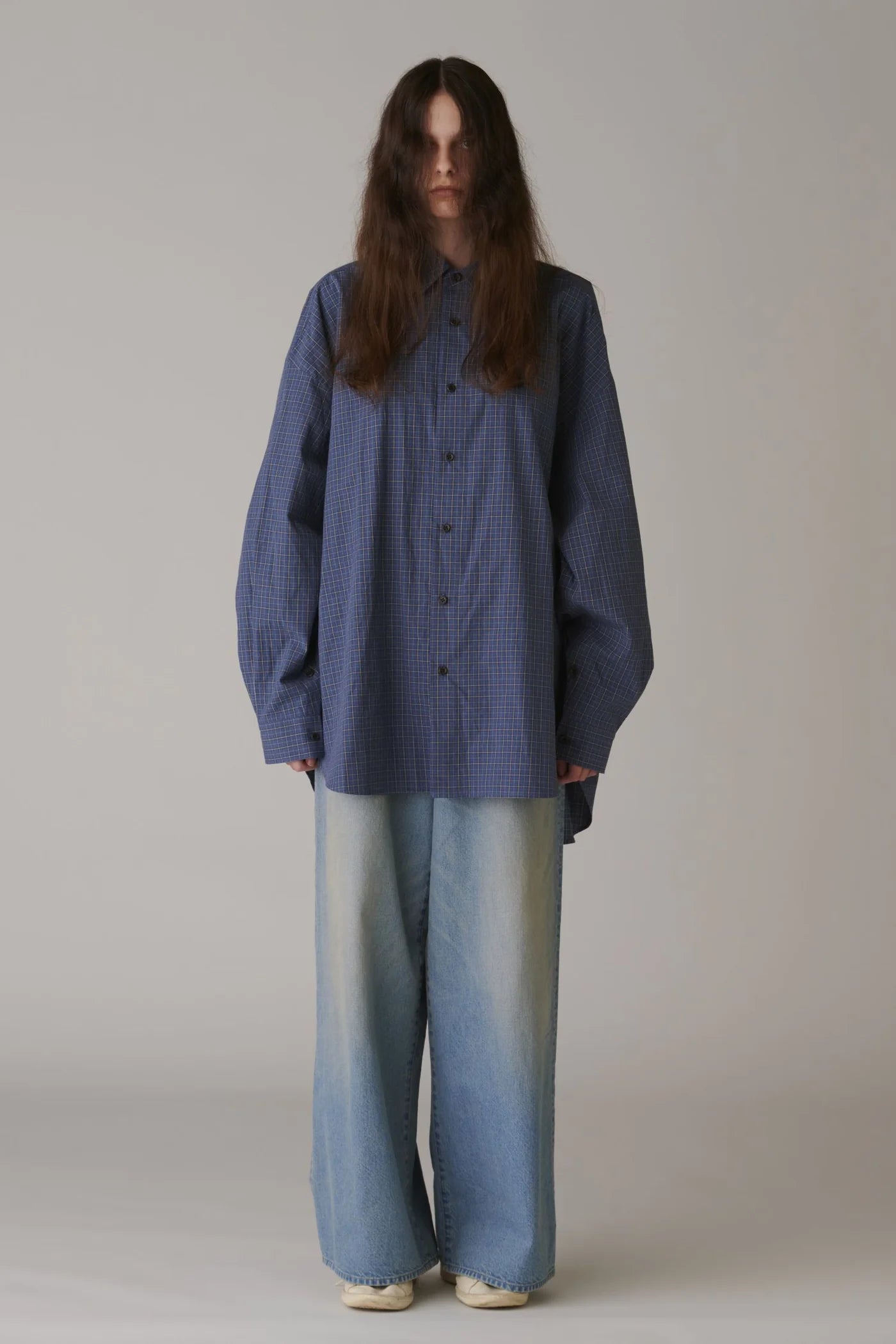 INSCRIRE - Cotton Check Cape Shirt - BLUE