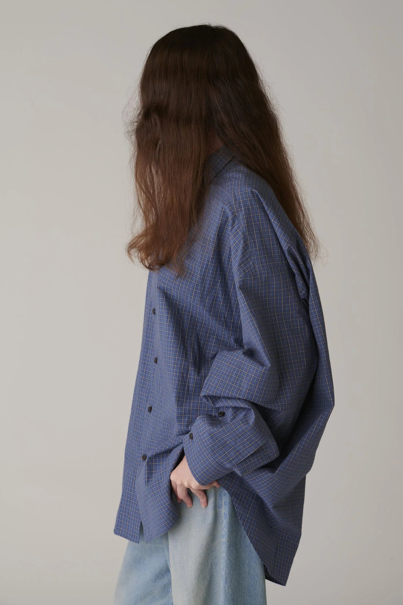 INSCRIRE - Cotton Check Cape Shirt - BLUE