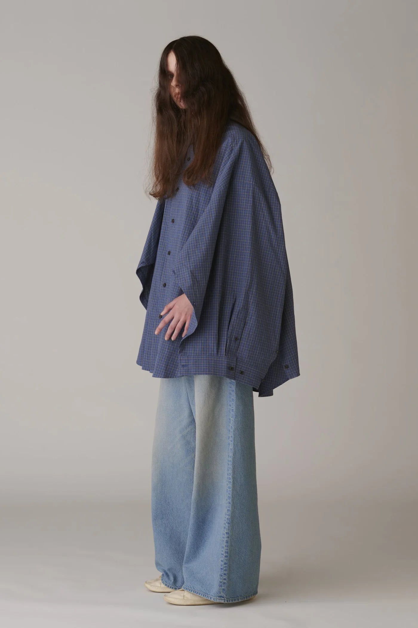 INSCRIRE - Cotton Check Cape Shirt - BLUE