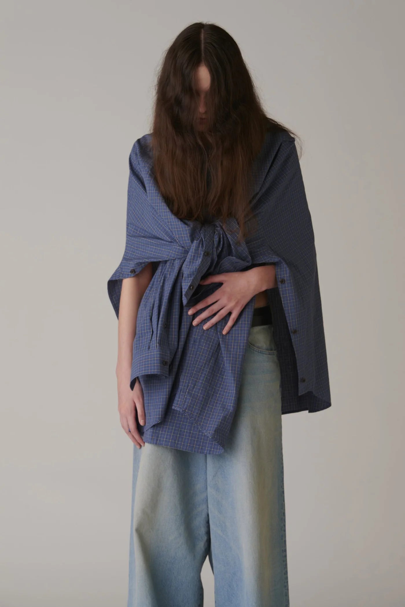 INSCRIRE - Cotton Check Cape Shirt - BLUE