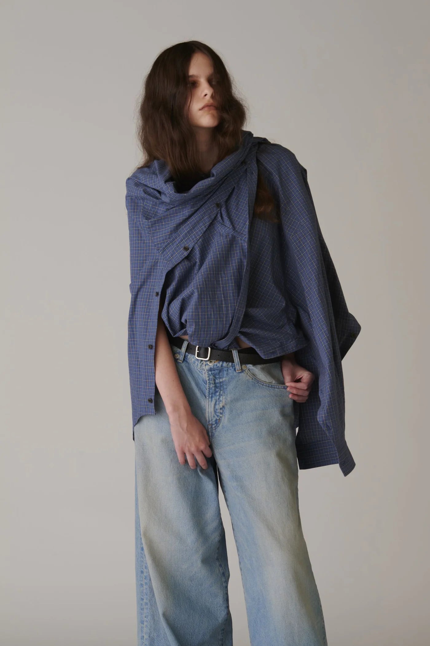 INSCRIRE - Cotton Check Cape Shirt - BLUE
