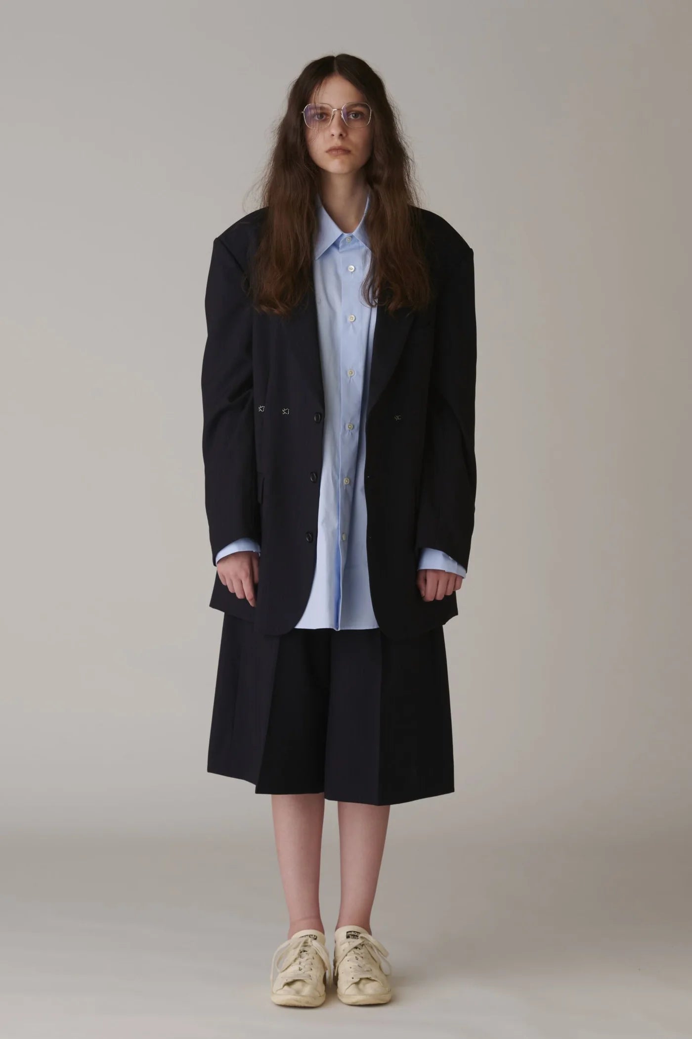 INSCRIRE - Wool 2-way Over Size Jacket - NAVY STRIPE