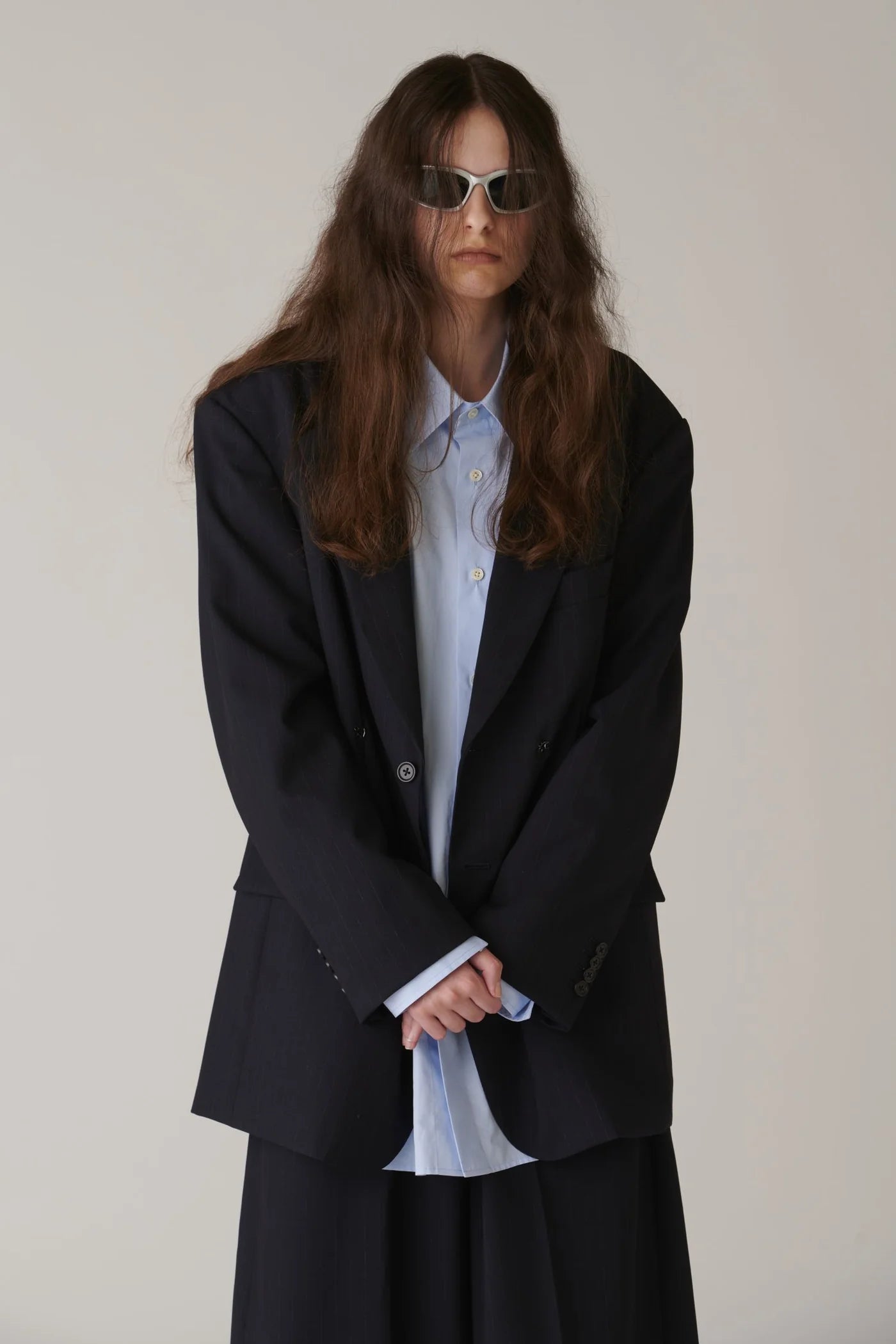 INSCRIRE - Wool 2-way Over Size Jacket - NAVY STRIPE