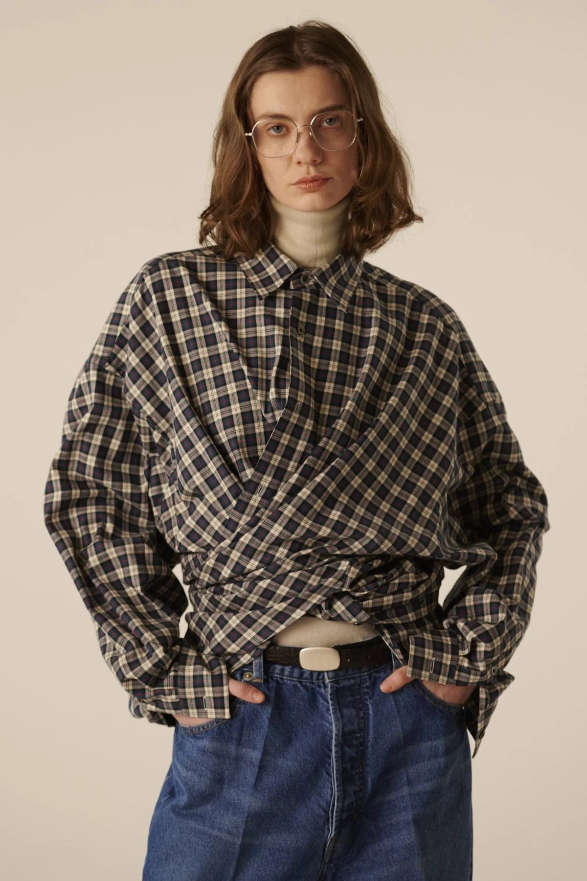 INSCRIRE - Check Wrap Shirt - BLUE GREEN × WHITE