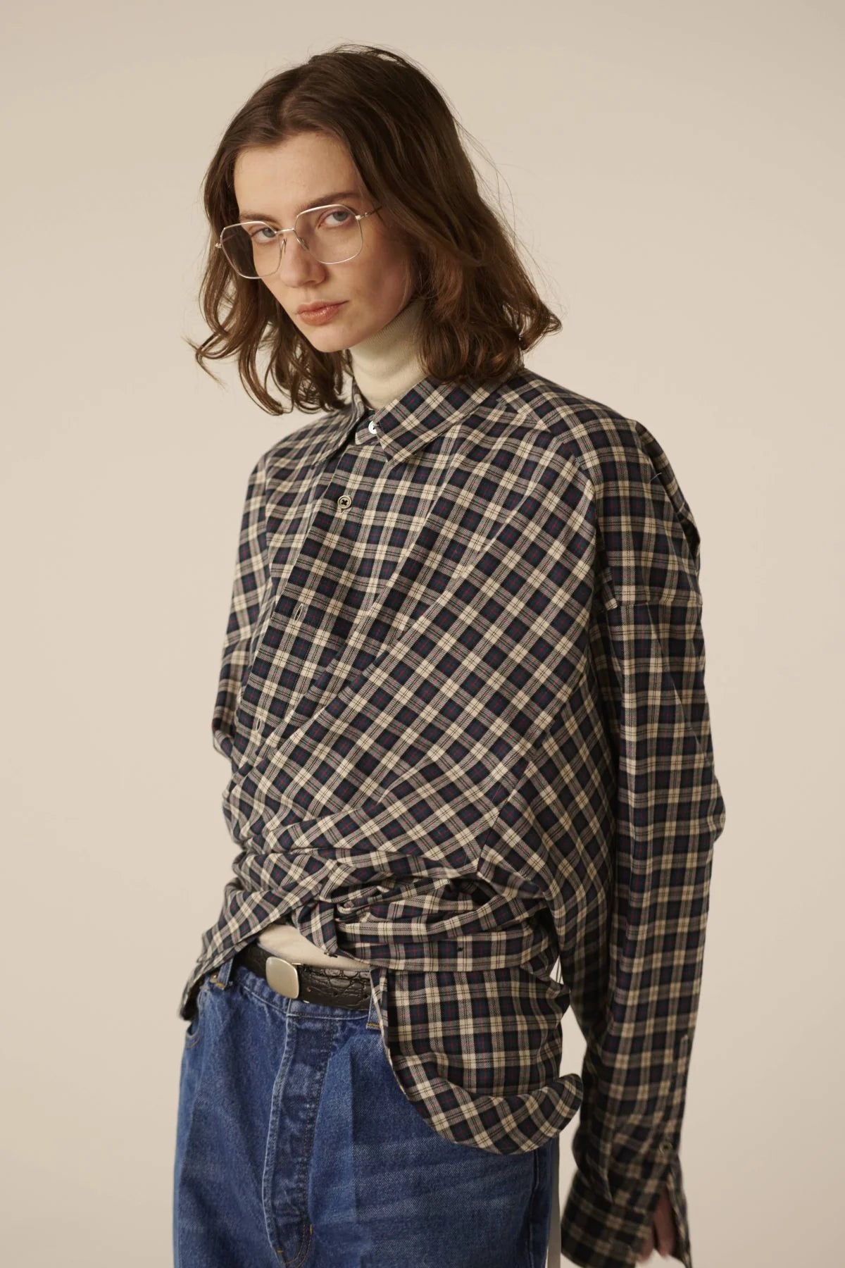 INSCRIRE - Check Wrap Shirt - BLUE GREEN × WHITE