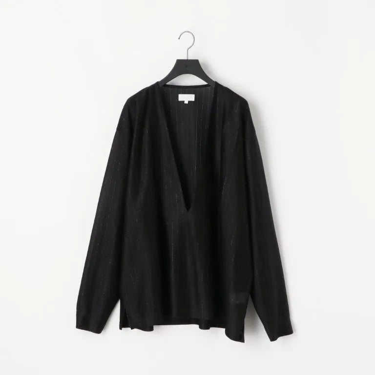 KANEMASA PHIL. - 28G Silk Ramie Glittery Stripe LS Tee - BLACK