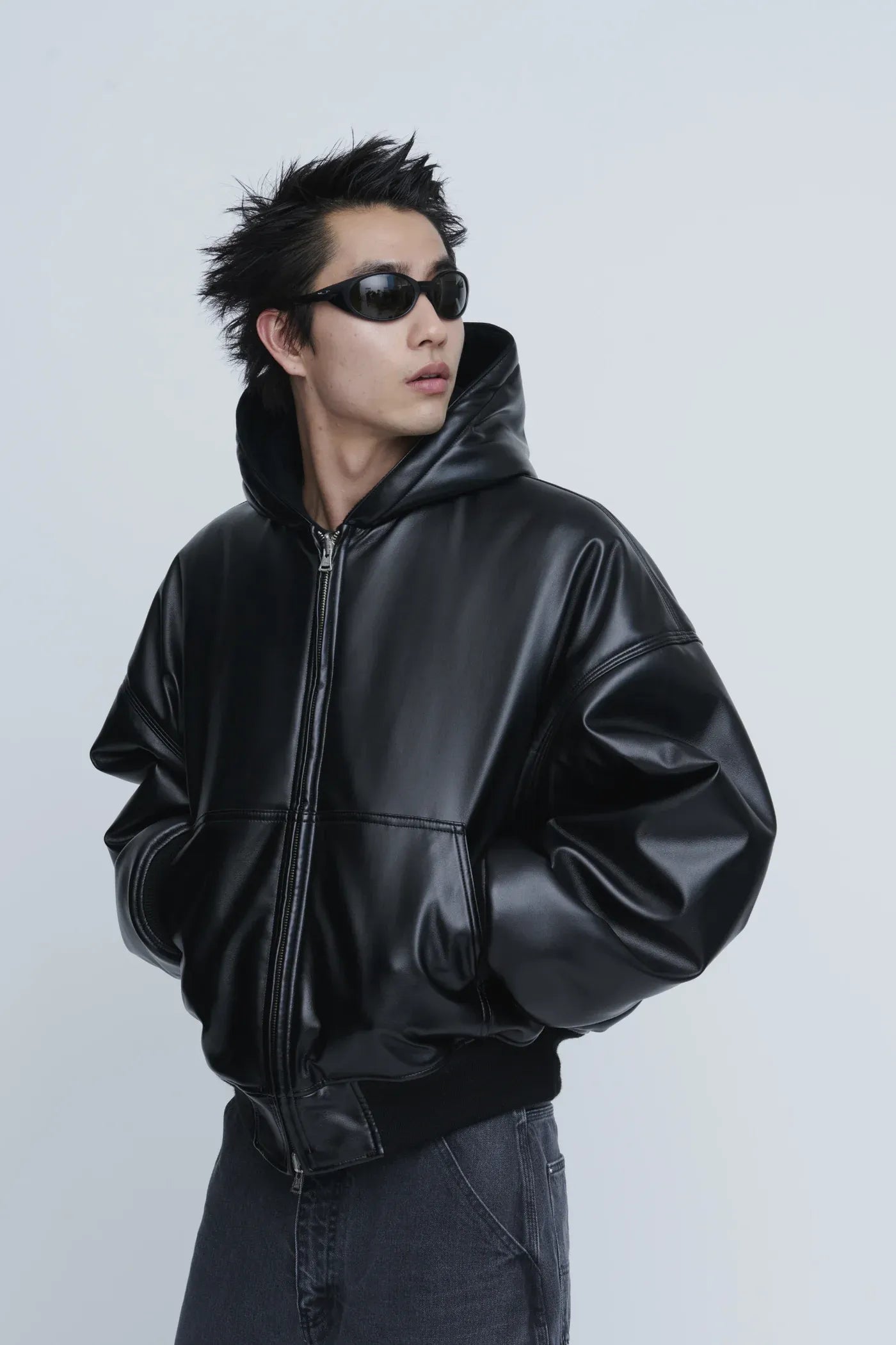 INSCRIRE - Leather Zip Up Hoodie - BLACK