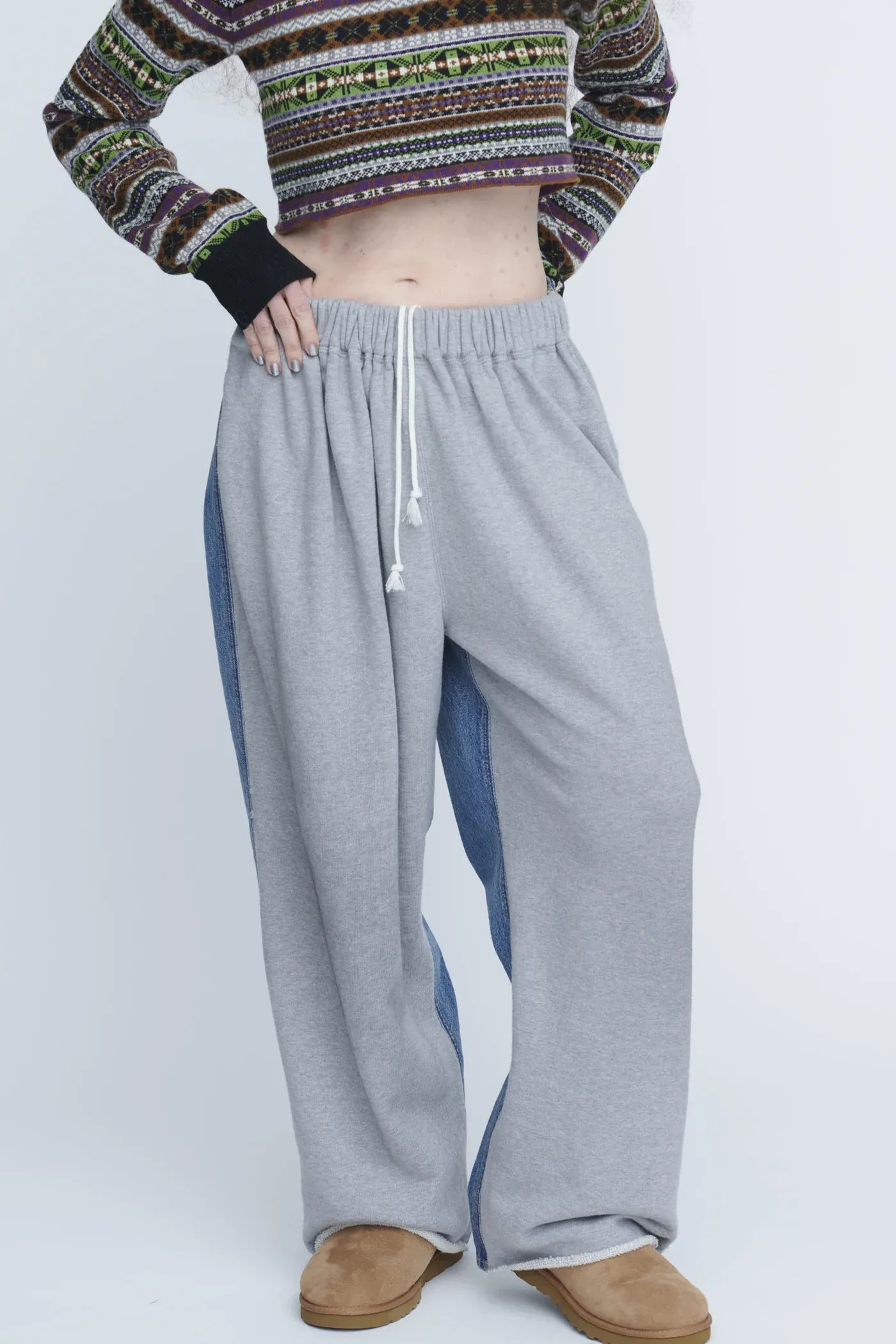 INSCRIRE - Hybrid Sweat Denim Pants - BLUE USED × LT.GREY